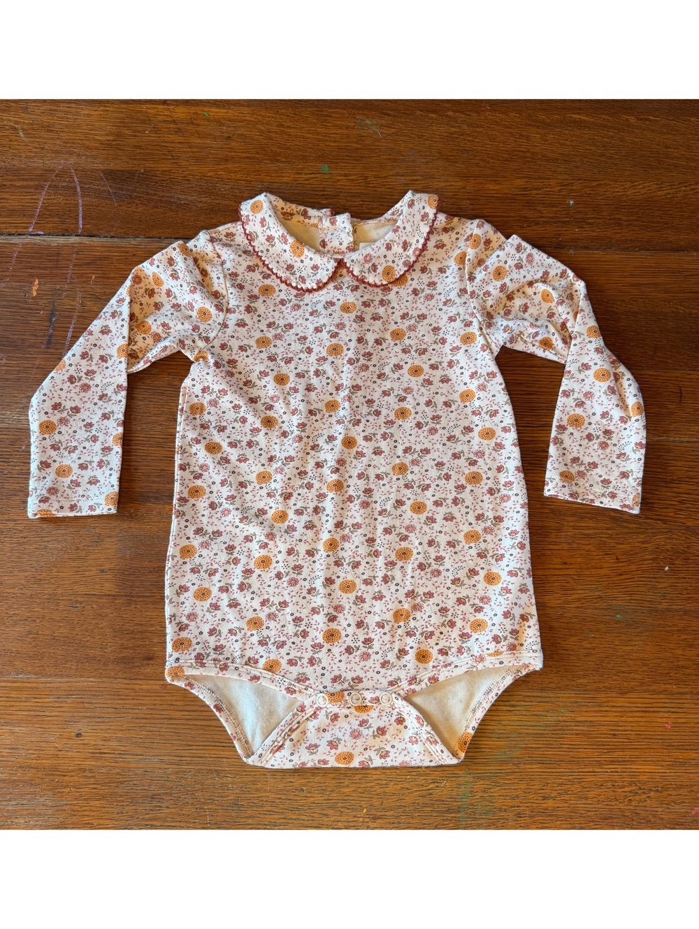24m Long Sleeve Baby Bodysuit with Floral Print and Peter Pan Collar